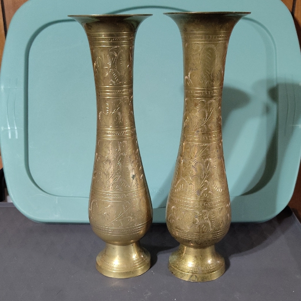 Brass Engraved Tulip Vases